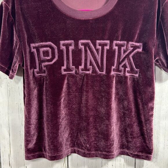 Pink Victorias Secret Velvet Y2K Cropped Short Sleeve Spell Out Burgundy Top - Picture 7 of 13